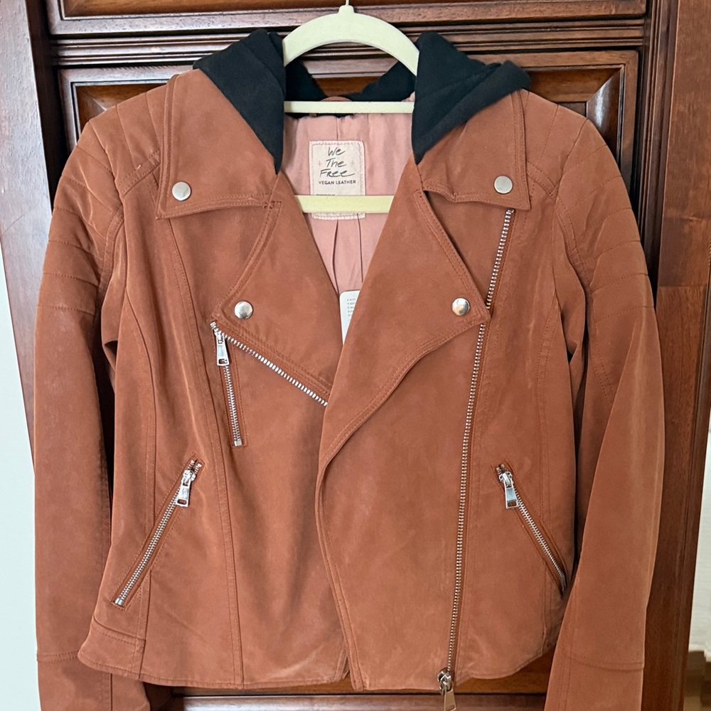 Free People Brown Suede Leather Jacket with Black Hood